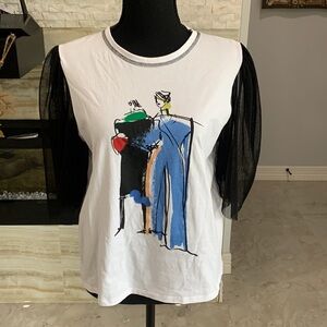 Women’s Zara Size Small White Decorative Tee with Black‎ Lace. (168)